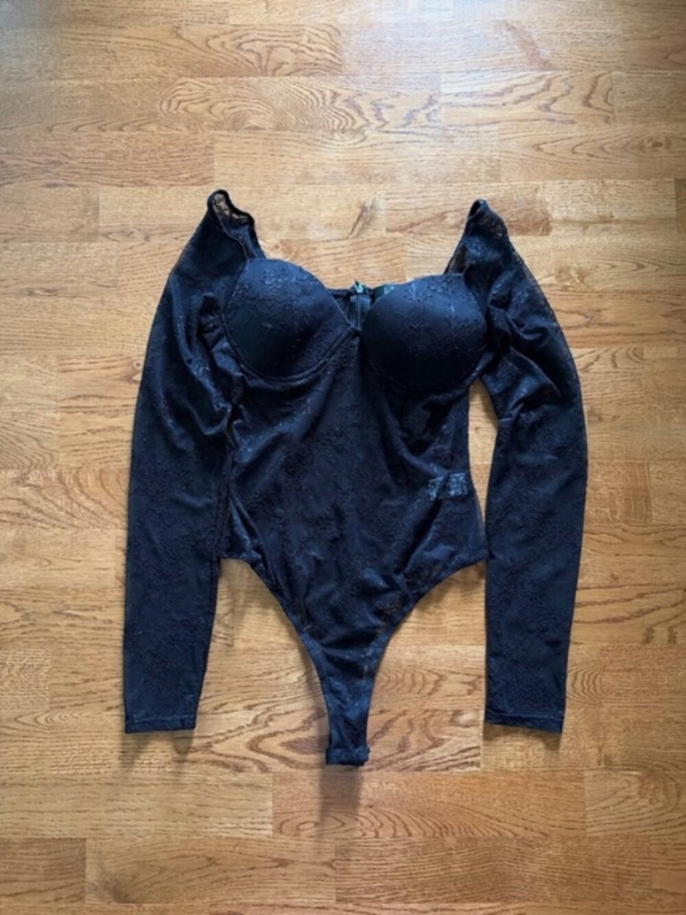 LULUS Tempting Romance Black Lace Bodysuit Top Long Sleeve S Sheer Cups Zip Back